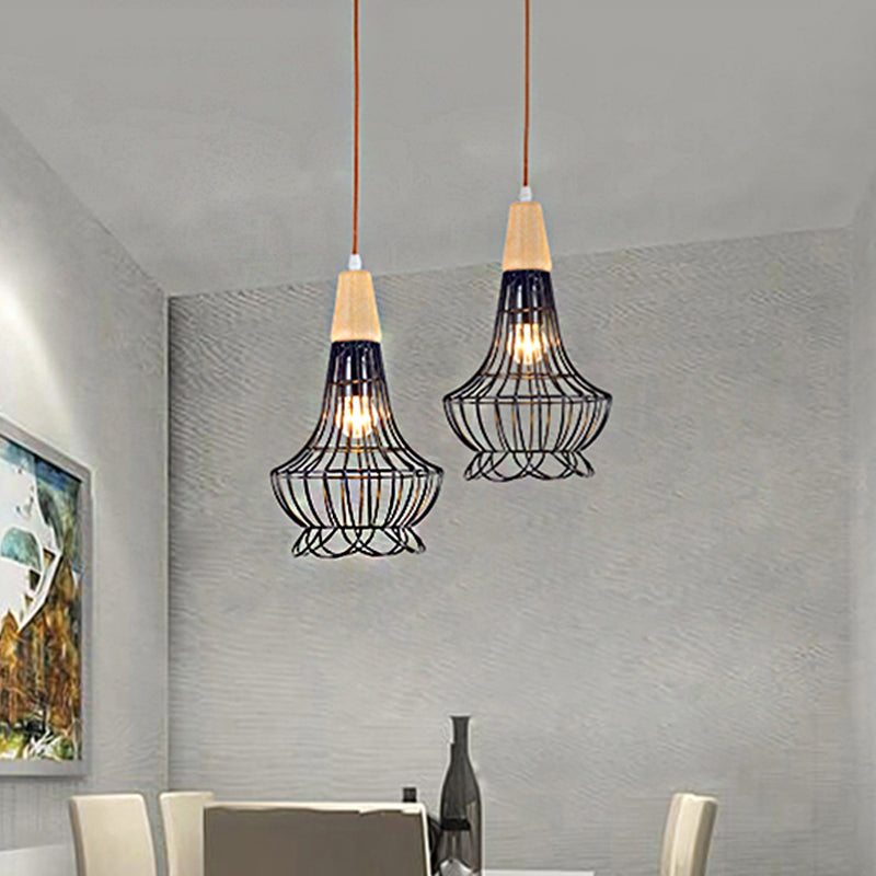 Vintage Metallic Cage Pendant Lamp With Black Finish And One Head For Ceiling Hanging -