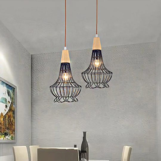 Vintage Metallic Cage Pendant Lamp With Black Finish And One Head For Ceiling Hanging -