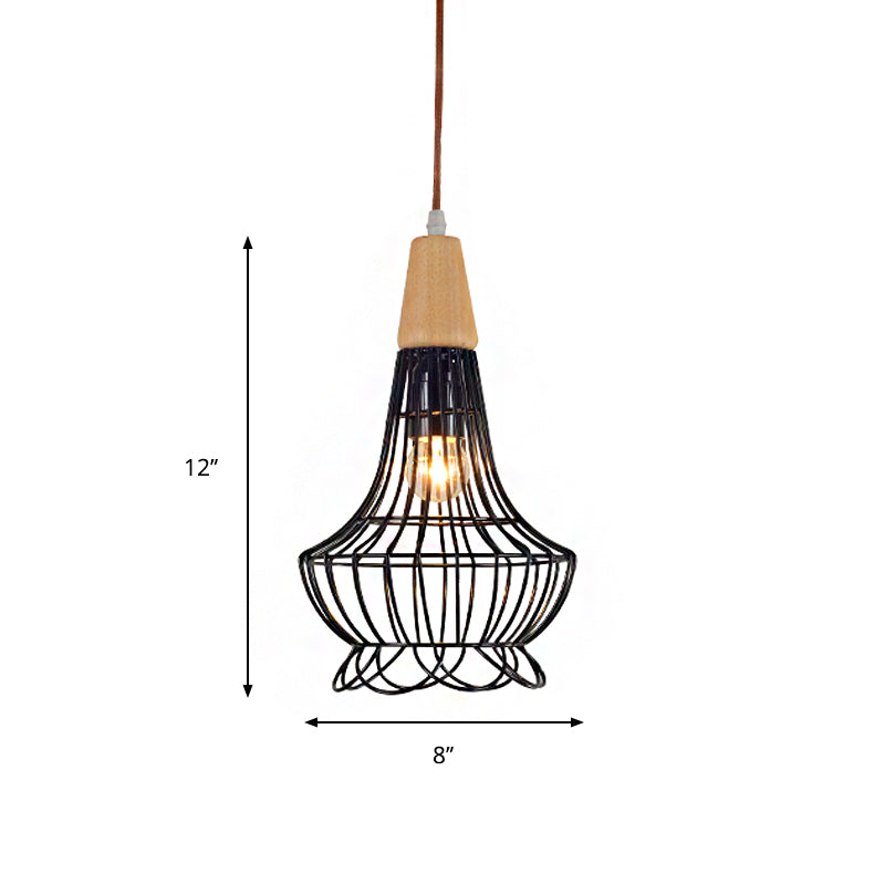 Vintage Metallic Cage Pendant Lamp With Black Finish And One Head For Ceiling Hanging -