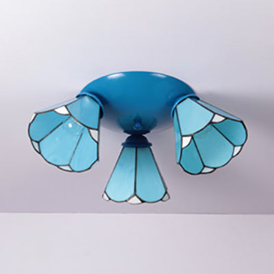 Vintage Stained Glass Conic Ceiling Light Fixture - 3-Light Design in White/Blue/Beige for Bedroom