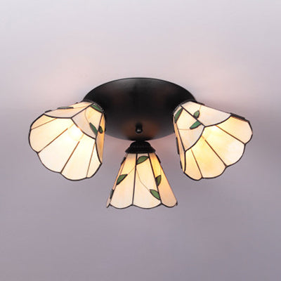 Tiffany Stained Glass 3-Light Conic Ceiling Fixture in White/Blue/Beige for Living Room