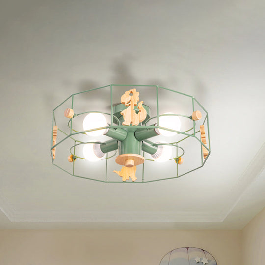 Semi Mount Metal Drum Cage Ceiling Lamp with Dinosaur Decoration - Green Finish, 4 Lights