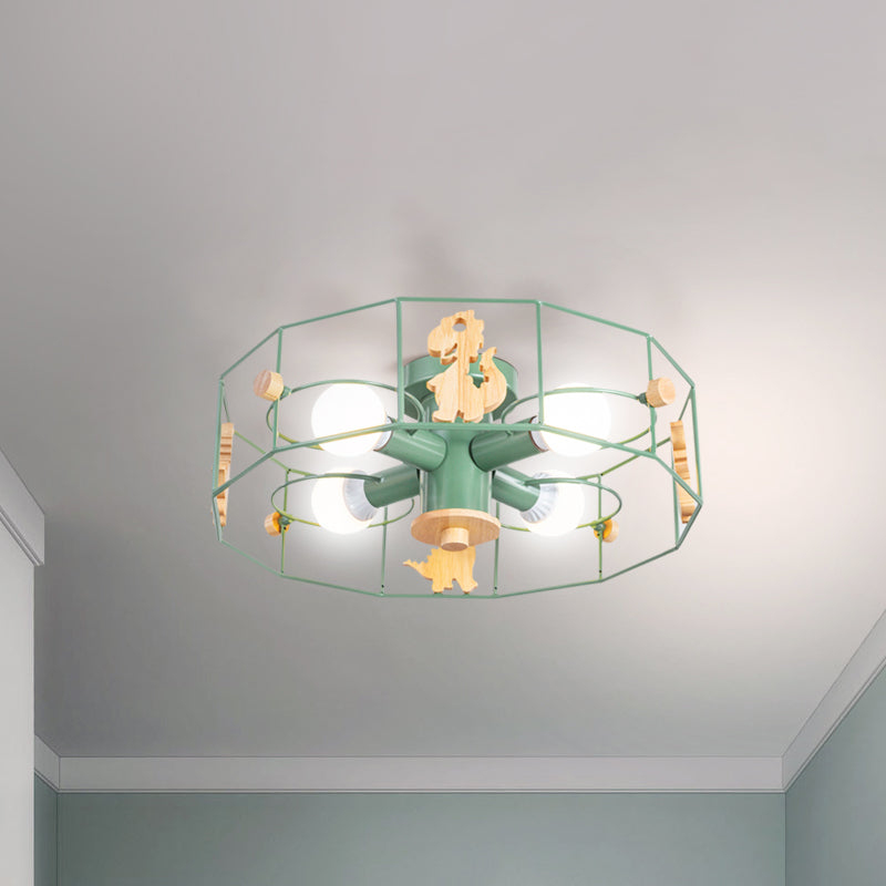 Semi Mount Metal Drum Cage Ceiling Lamp with Dinosaur Decoration - Green Finish, 4 Lights