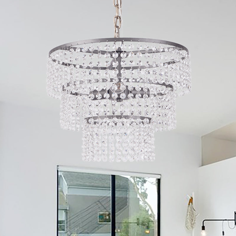 Modern Matte Black 3-Tier Round Hanging Lamp With Clear Crystal Bead Lighting