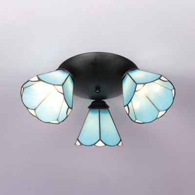 Tiffany Stained Glass 3-Light Conic Ceiling Fixture in White/Blue/Beige for Living Room