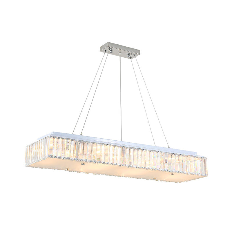 Modern White Chandelier: 8-Light Rectangular Pendant With Crystal Block And Glass Diffuser