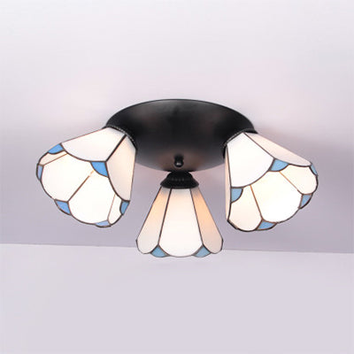 Tiffany Stained Glass 3-Light Conic Ceiling Fixture in White/Blue/Beige for Living Room