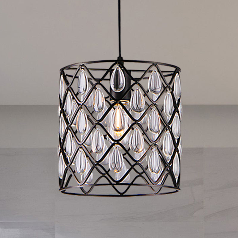 Industrial Black Chandelier With Crystal Drop And Metal Cage: 1/4/6 Pendant Lights 1 /