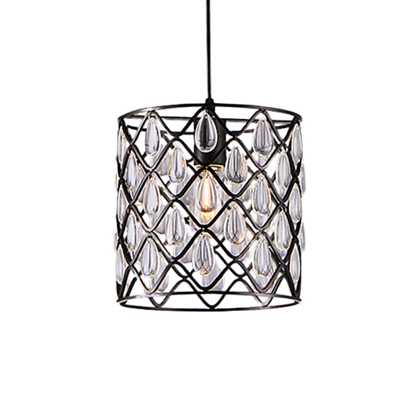 Industrial Black Chandelier With Crystal Drop And Metal Cage: 1/4/6 Pendant Lights