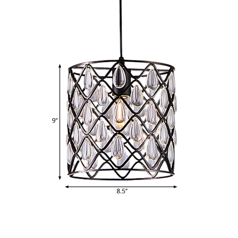 Industrial Black Metal Caged Pendant Lighting with Crystal Drop - Chandelier Lamp