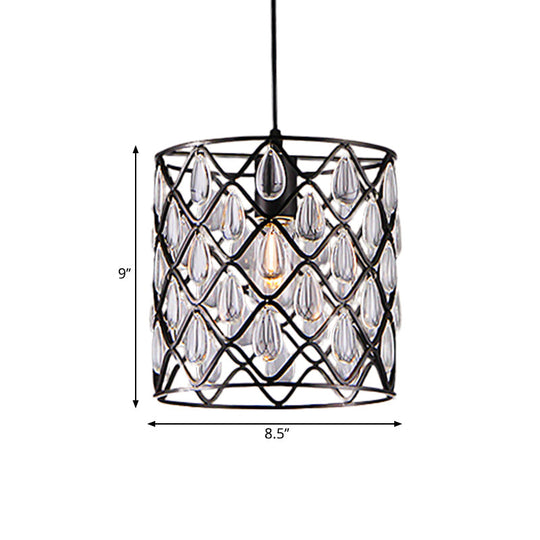 Industrial Black Chandelier With Crystal Drop And Metal Cage: 1/4/6 Pendant Lights