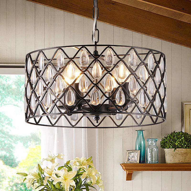 Industrial Black Chandelier With Crystal Drop And Metal Cage: 1/4/6 Pendant Lights 4 /