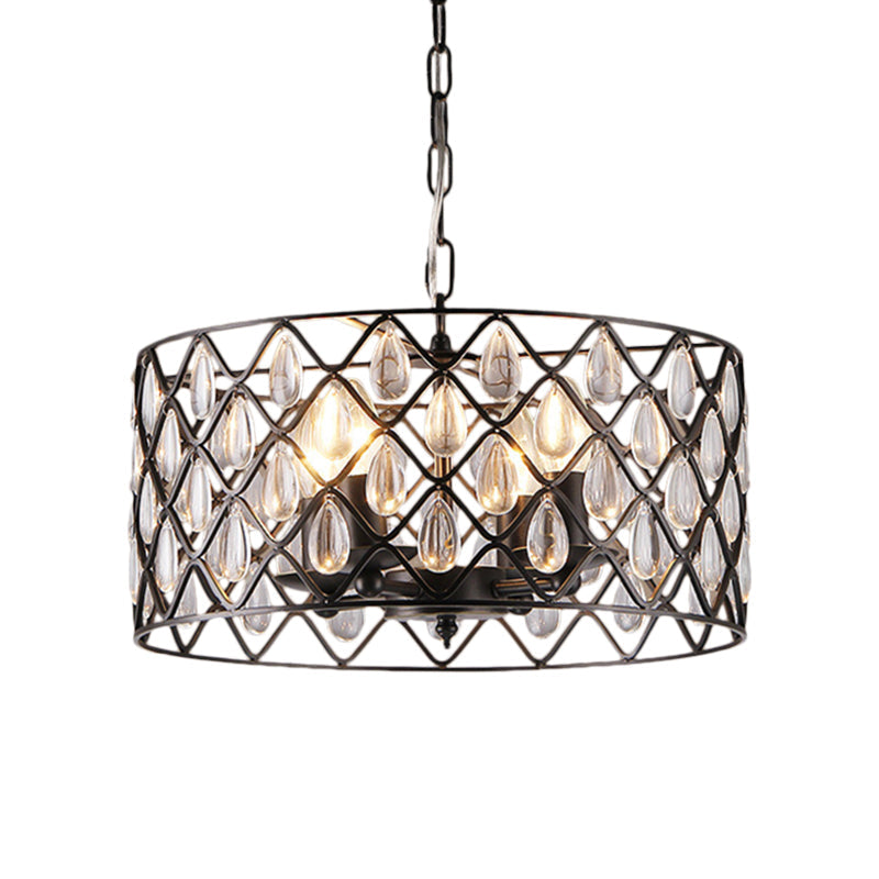 Industrial Black Metal Caged Pendant Lighting with Crystal Drop - Chandelier Lamp