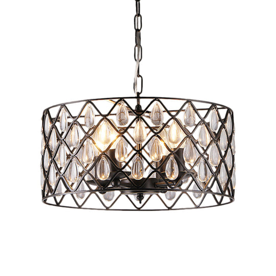 Industrial Black Metal Caged Pendant Lighting with Crystal Drop - Chandelier Lamp