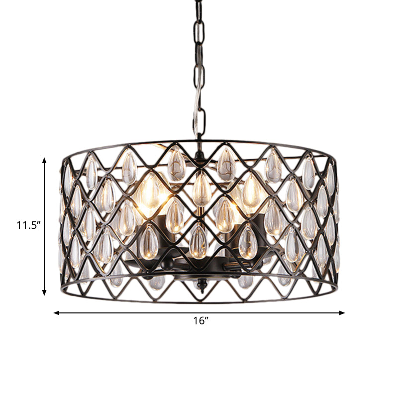 Industrial Black Metal Caged Pendant Lighting with Crystal Drop - Chandelier Lamp