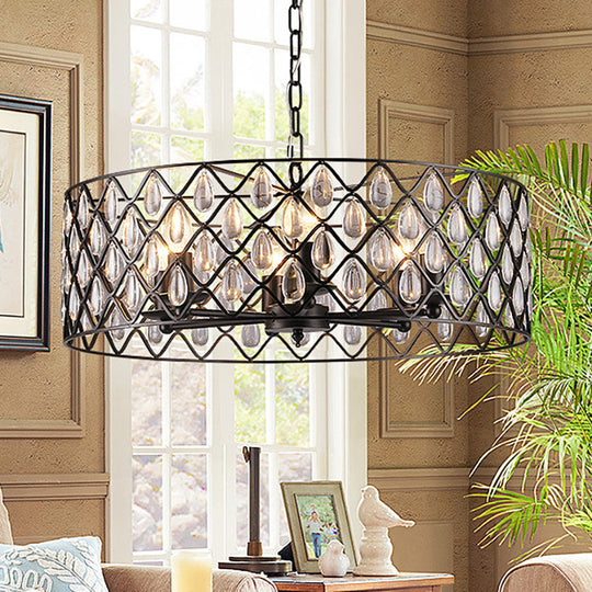 Industrial Black Chandelier With Crystal Drop And Metal Cage: 1/4/6 Pendant Lights 6 /