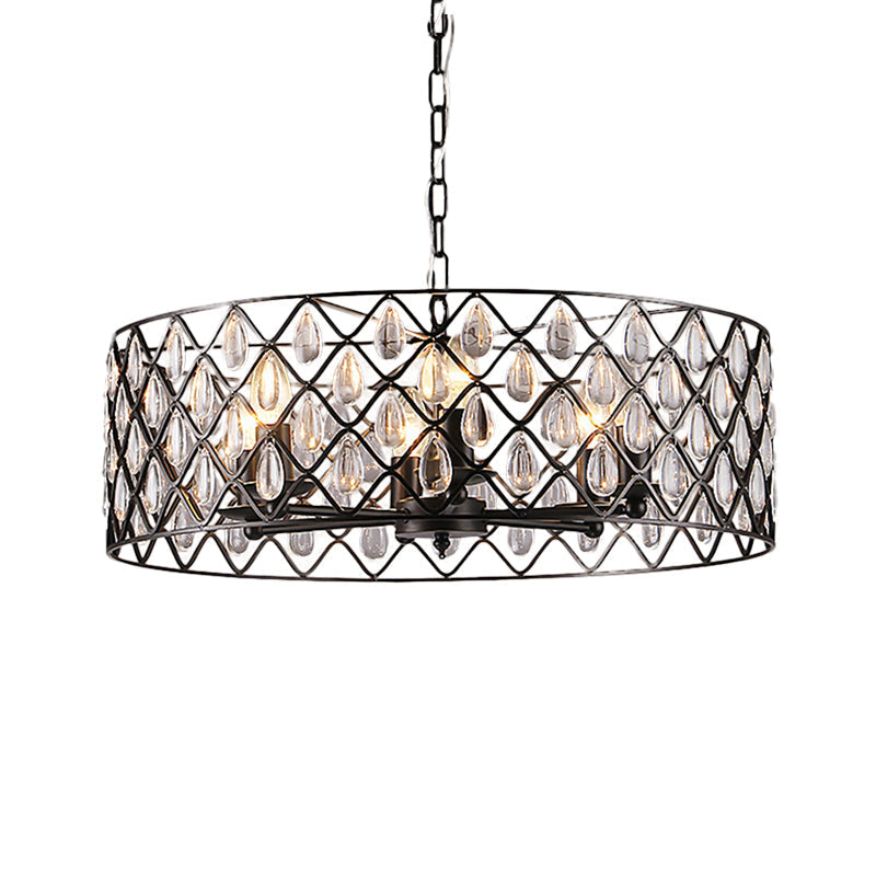 Industrial Black Metal Caged Pendant Lighting with Crystal Drop - Chandelier Lamp