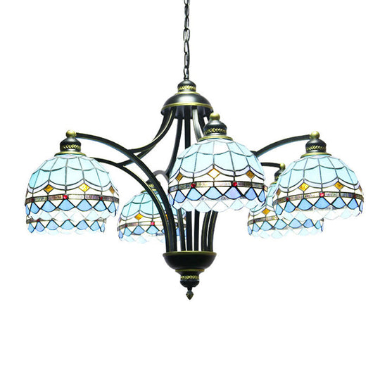 Blue Stained Glass Tiffany Chandelier - 6-Light, 23.5" Wide - Living Room Hanging Light with Adjustable Chain