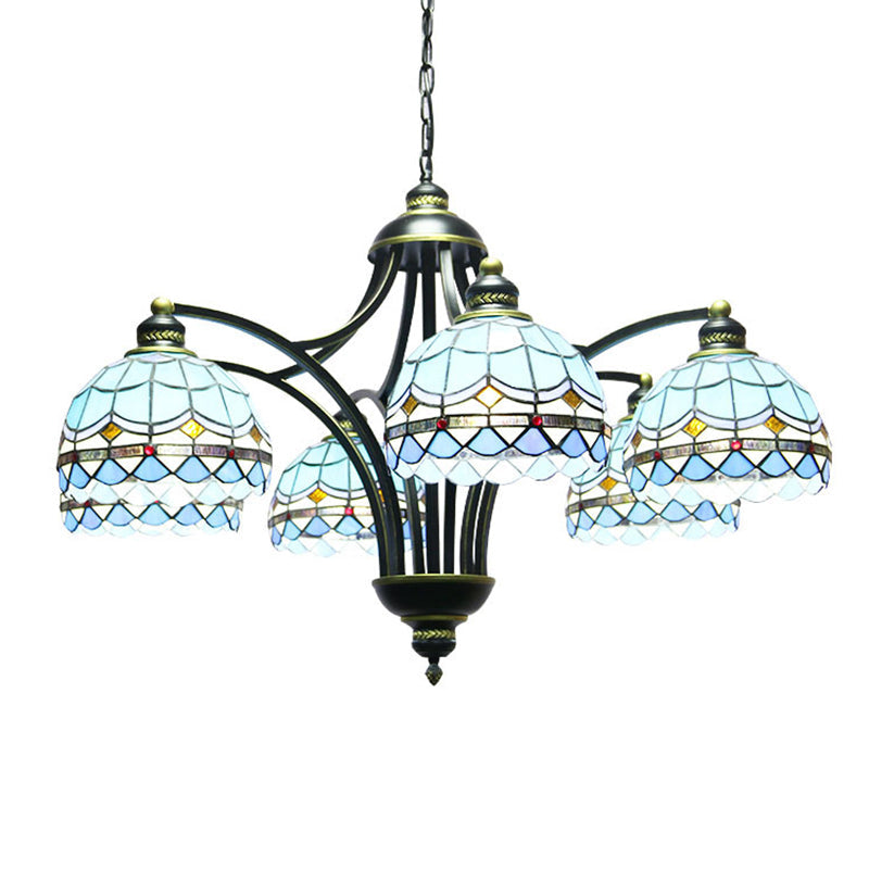 Blue Stained Glass Tiffany Chandelier - 6-Light Adjustable Chain 23.5 Wide Hanging Light For Living