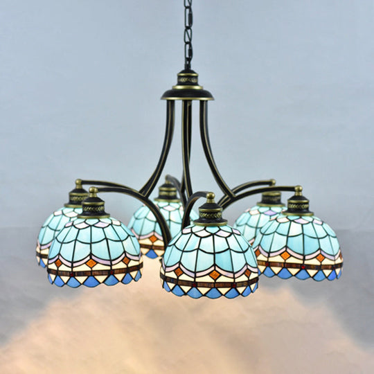 Blue Stained Glass Tiffany Chandelier - 6-Light Adjustable Chain 23.5 Wide Hanging Light For Living