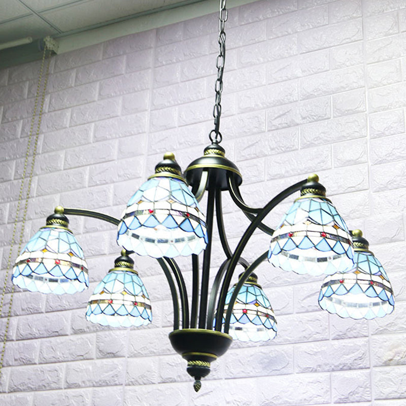 Blue Stained Glass Tiffany Chandelier - 6-Light Adjustable Chain 23.5 Wide Hanging Light For Living