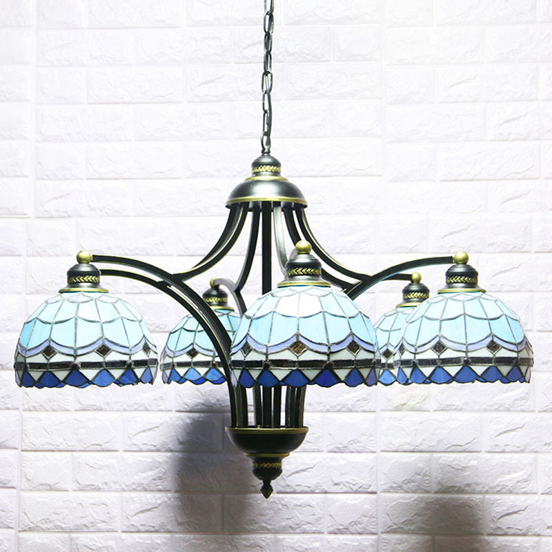 Blue Stained Glass Tiffany Chandelier - 6-Light, 23.5" Wide - Living Room Hanging Light with Adjustable Chain