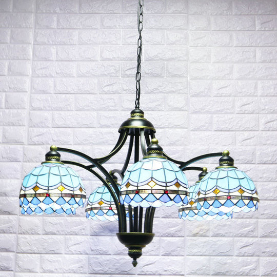 Blue Stained Glass Tiffany Chandelier - 6-Light, 23.5" Wide - Living Room Hanging Light with Adjustable Chain