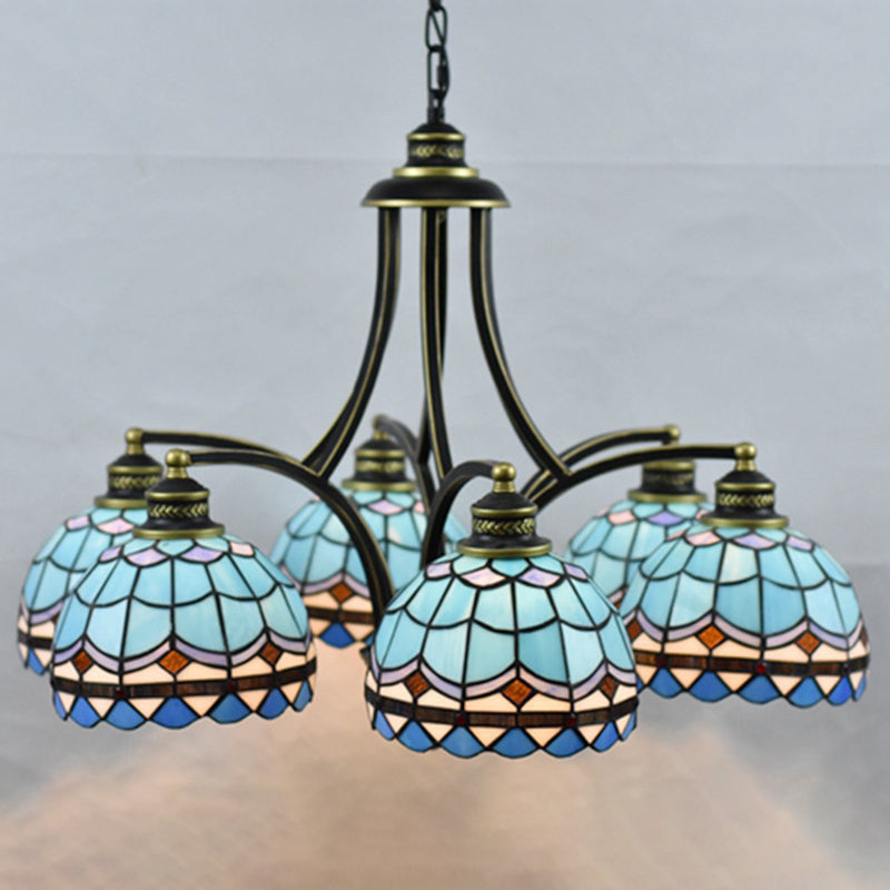 Blue Stained Glass Tiffany Chandelier - 6-Light, 23.5" Wide - Living Room Hanging Light with Adjustable Chain