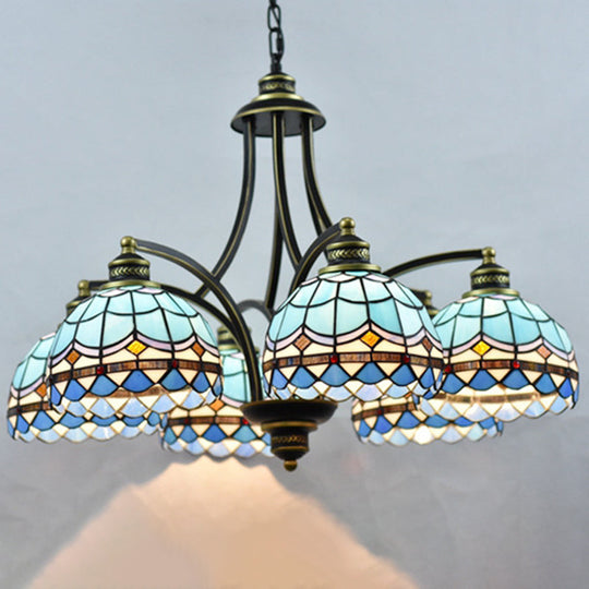 Blue Stained Glass Tiffany Chandelier - 6-Light, 23.5" Wide - Living Room Hanging Light with Adjustable Chain