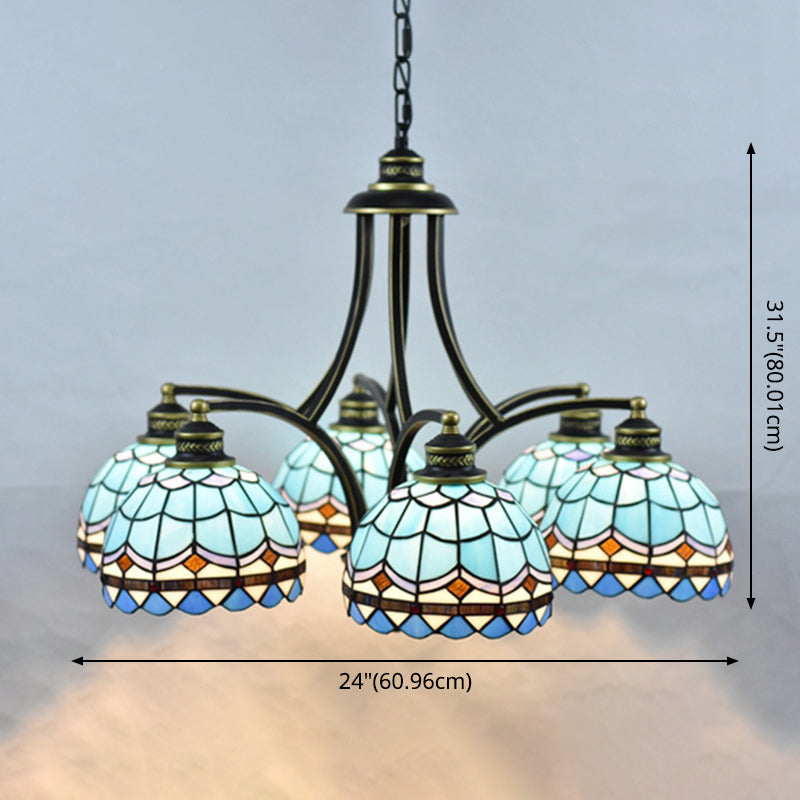 Blue Stained Glass Tiffany Chandelier - 6-Light, 23.5" Wide - Living Room Hanging Light with Adjustable Chain