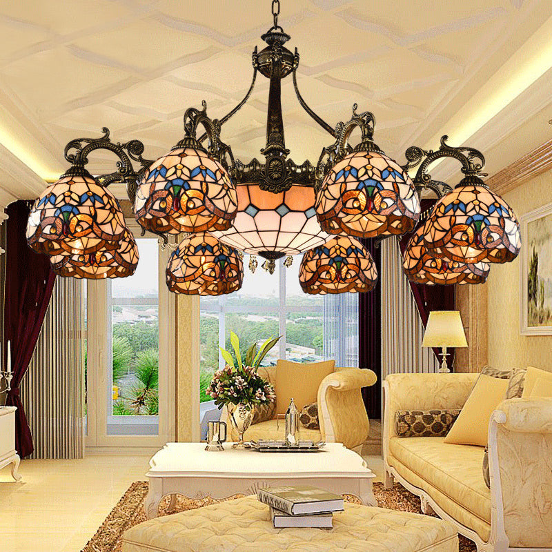 Mediterranean Tiffany-style Hanging Lamp with Baroque Stained Glass Shade and Aged Aluminum Treatment