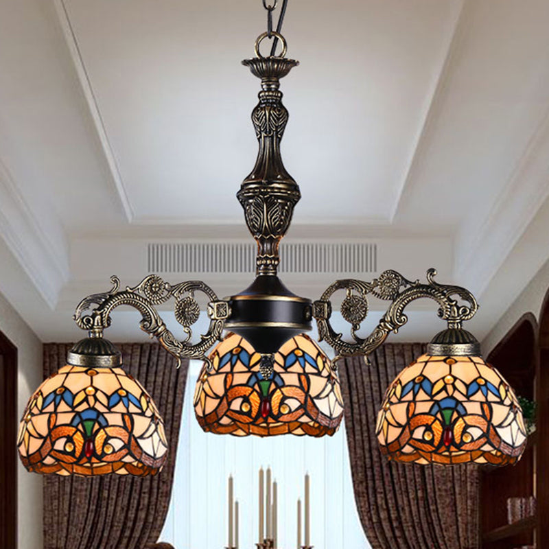 Mediterranean Tiffany Hanging Lamp: Retro Baroque Stained Glass Chandelier With Aged Aluminum Finish