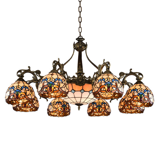 Mediterranean Tiffany-style Hanging Lamp with Baroque Stained Glass Shade and Aged Aluminum Treatment