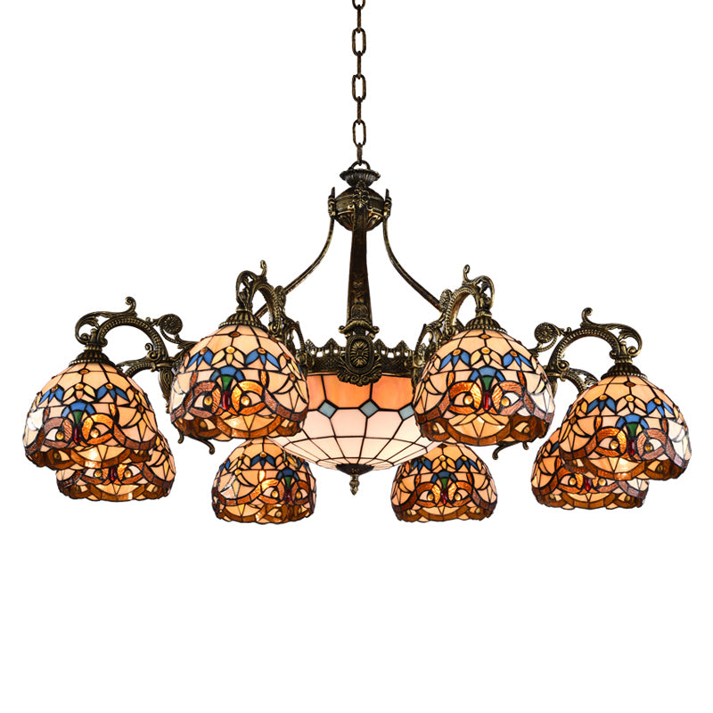 Mediterranean Tiffany Hanging Lamp: Retro Baroque Stained Glass Chandelier With Aged Aluminum Finish