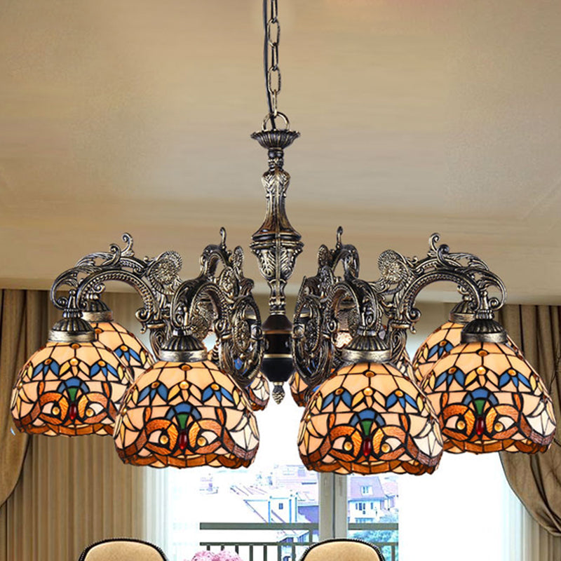 Mediterranean Tiffany-style Hanging Lamp with Baroque Stained Glass Shade and Aged Aluminum Treatment