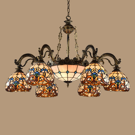 Mediterranean Tiffany-style Hanging Lamp with Baroque Stained Glass Shade and Aged Aluminum Treatment