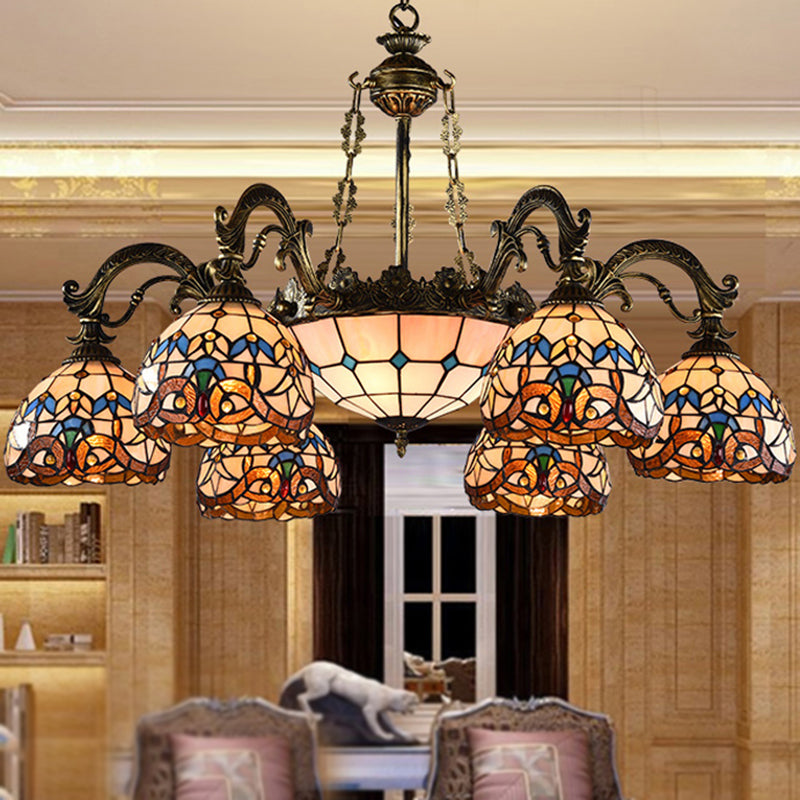 Mediterranean Tiffany Hanging Lamp: Retro Baroque Stained Glass Chandelier With Aged Aluminum Finish