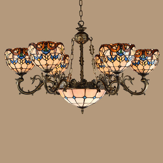 Mediterranean Tiffany-style Hanging Lamp with Baroque Stained Glass Shade and Aged Aluminum Treatment