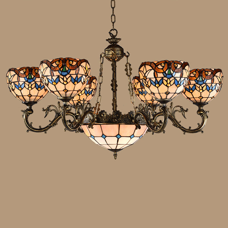 Mediterranean Tiffany Hanging Lamp: Retro Baroque Stained Glass Chandelier With Aged Aluminum Finish