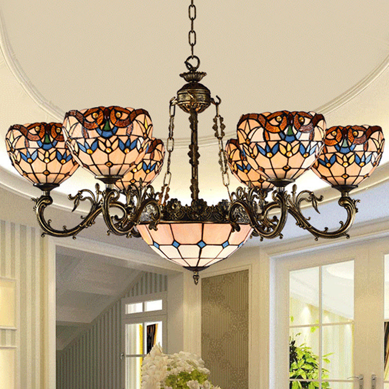 Mediterranean Tiffany-style Hanging Lamp with Baroque Stained Glass Shade and Aged Aluminum Treatment