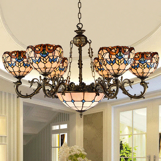 Mediterranean Tiffany-style Hanging Lamp with Baroque Stained Glass Shade and Aged Aluminum Treatment