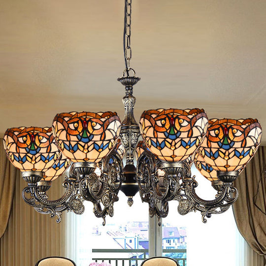 Mediterranean Tiffany-style Hanging Lamp with Baroque Stained Glass Shade and Aged Aluminum Treatment