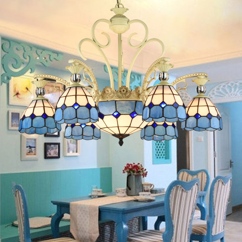 Tiffany Lattice Motif Chandelier with Stained Glass Shade - Elegant Hanging Pendant Lamp for Living Room or Restaurant with Crystal Ball Embellishment