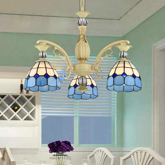 Tiffany Lattice Motif Chandelier with Stained Glass Shade - Elegant Hanging Pendant Lamp for Living Room or Restaurant with Crystal Ball Embellishment