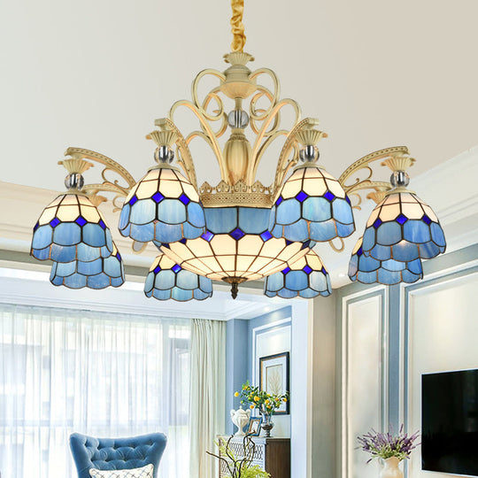 Tiffany Lattice Motif Chandelier with Stained Glass Shade - Elegant Hanging Pendant Lamp for Living Room or Restaurant with Crystal Ball Embellishment