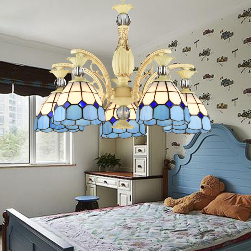 Tiffany Lattice Motif Chandelier with Stained Glass Shade - Elegant Hanging Pendant Lamp for Living Room or Restaurant with Crystal Ball Embellishment