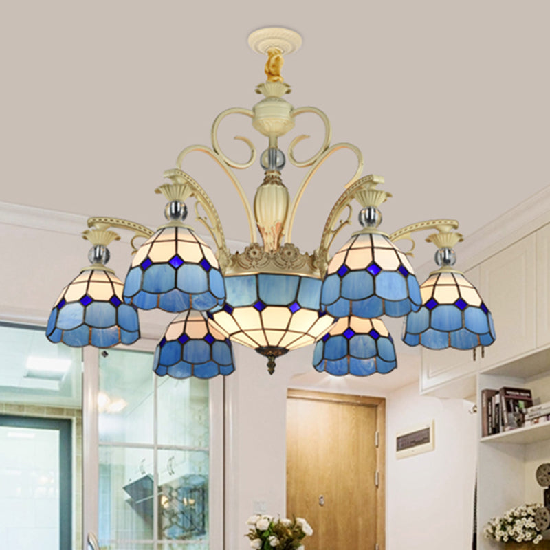 Tiffany Lattice Motif Chandelier with Stained Glass Shade - Elegant Hanging Pendant Lamp for Living Room or Restaurant with Crystal Ball Embellishment