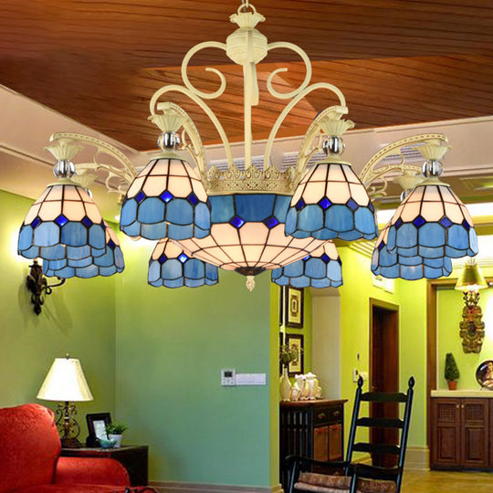 Tiffany Lattice Motif Chandelier With Stained Glass Shade - Elegant Pendant Lamp For Living Room Or