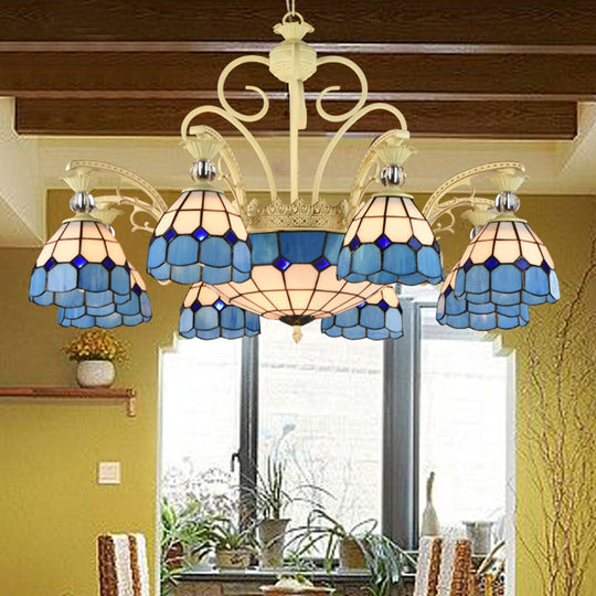 Tiffany Lattice Motif Chandelier with Stained Glass Shade - Elegant Hanging Pendant Lamp for Living Room or Restaurant with Crystal Ball Embellishment