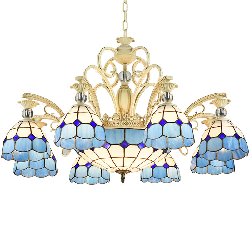 Tiffany Lattice Motif Chandelier with Stained Glass Shade - Elegant Hanging Pendant Lamp for Living Room or Restaurant with Crystal Ball Embellishment